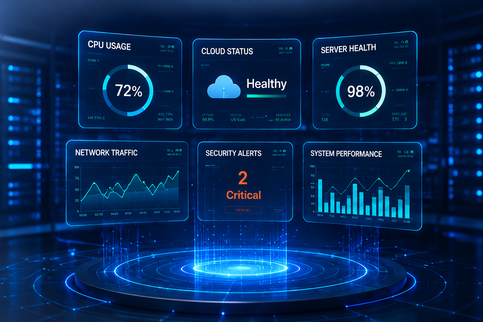 Cloud monitoring dashboard showing system health and performance
