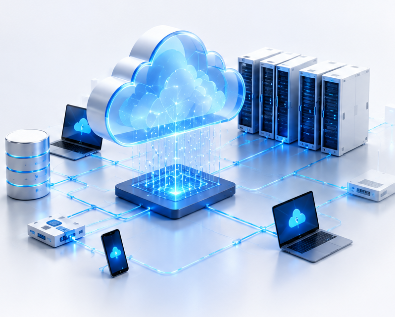 Cloud platform connecting servers, laptops and mobile devices